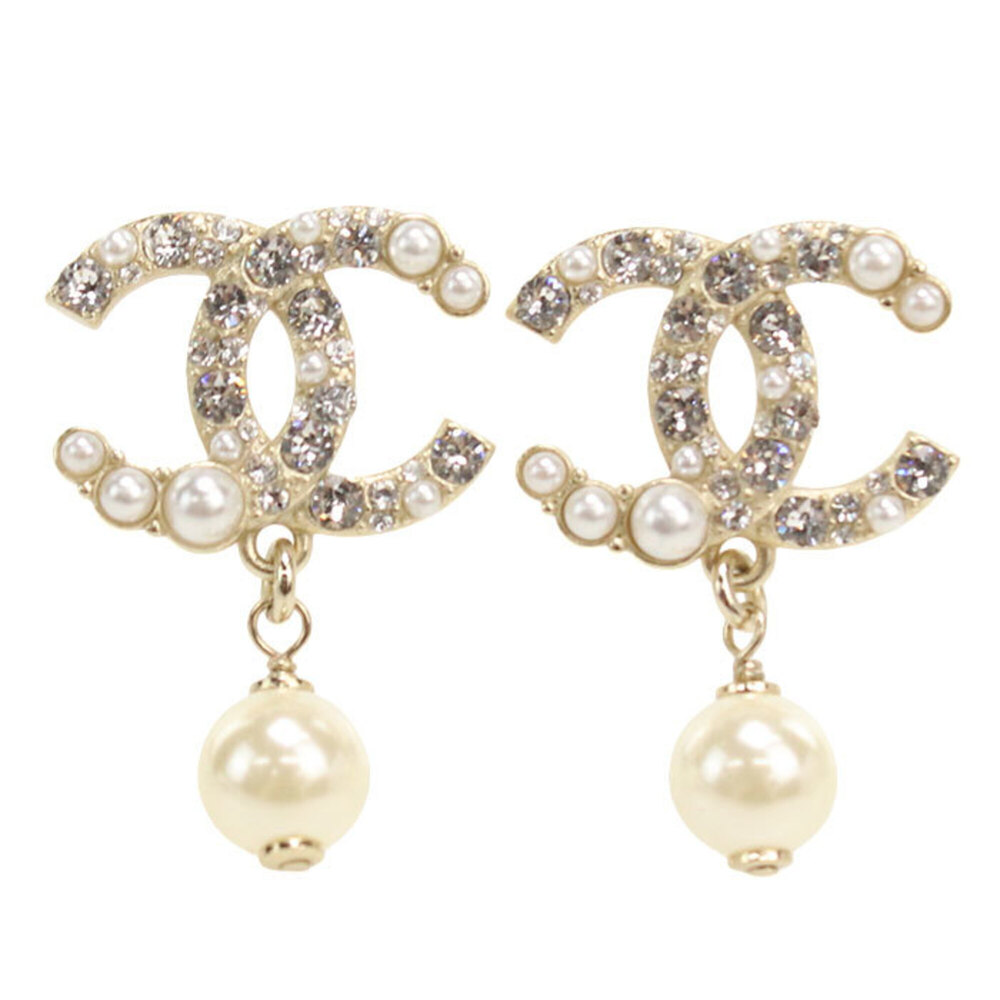 CHANEL Chanel Earrings, Rhinestone, Pearl, Coco Mark, Women's, Gold